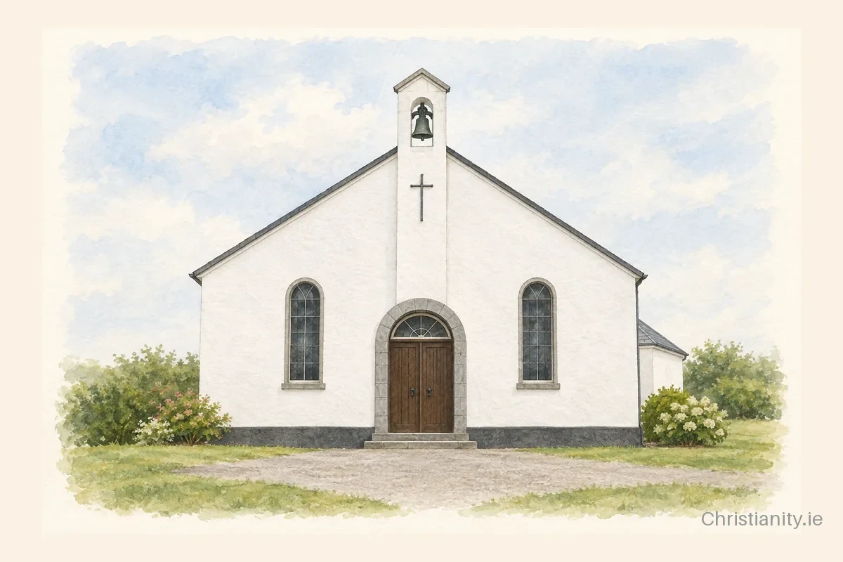 Watercolour and ink illustration of Church of St Dorarca and St Teresa, Chapeltown