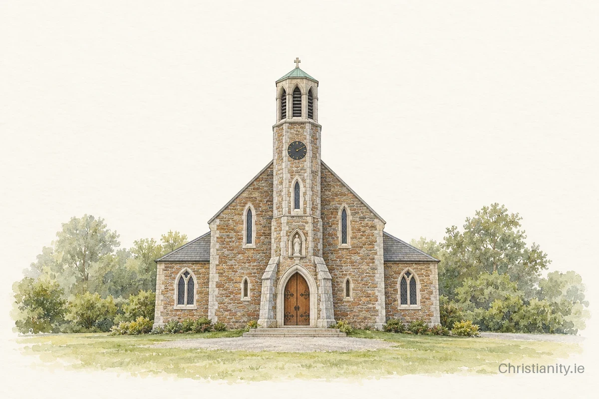 Watercolour and ink illustration of Church of St Fintan