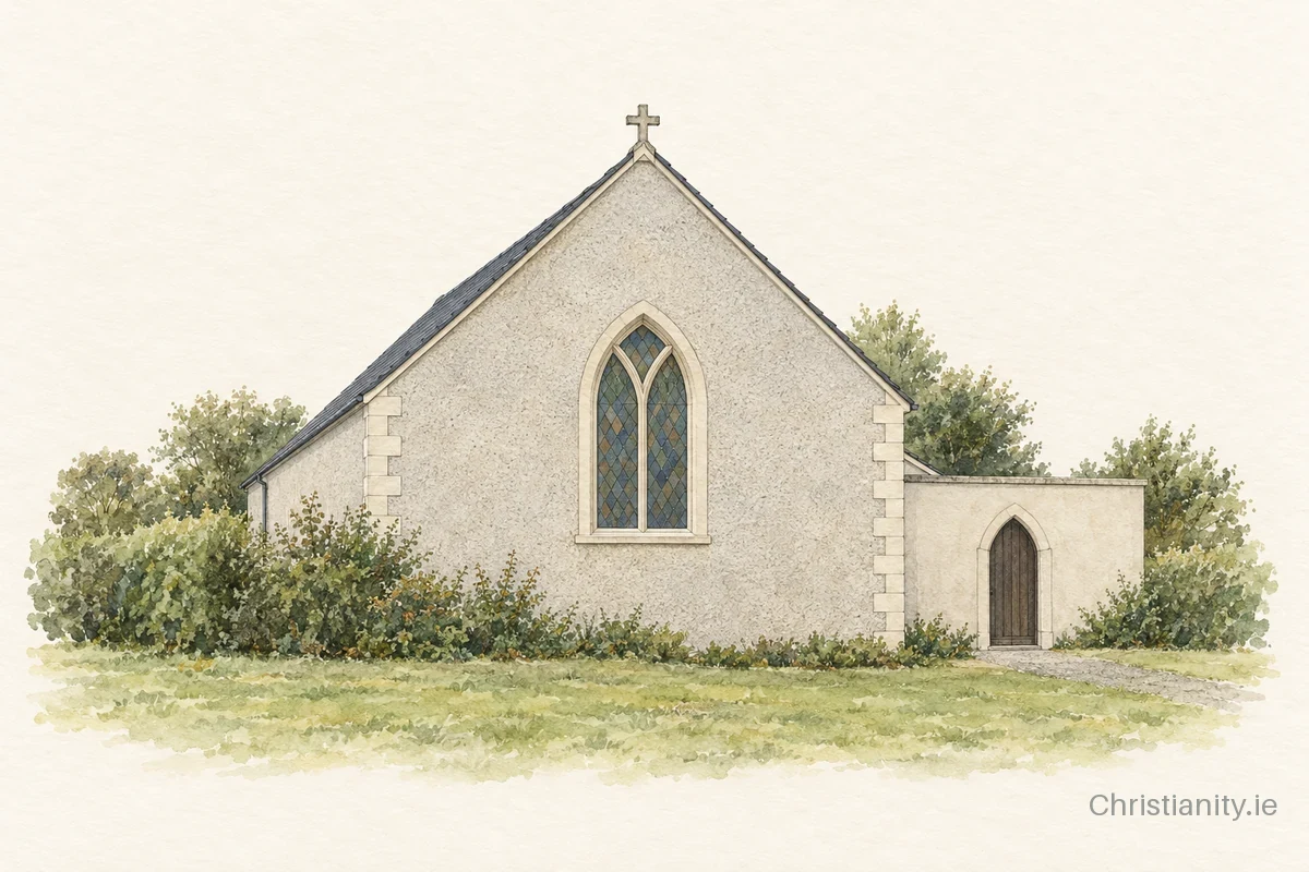 Watercolour and ink illustration of Church of St Fintan,Mayglass