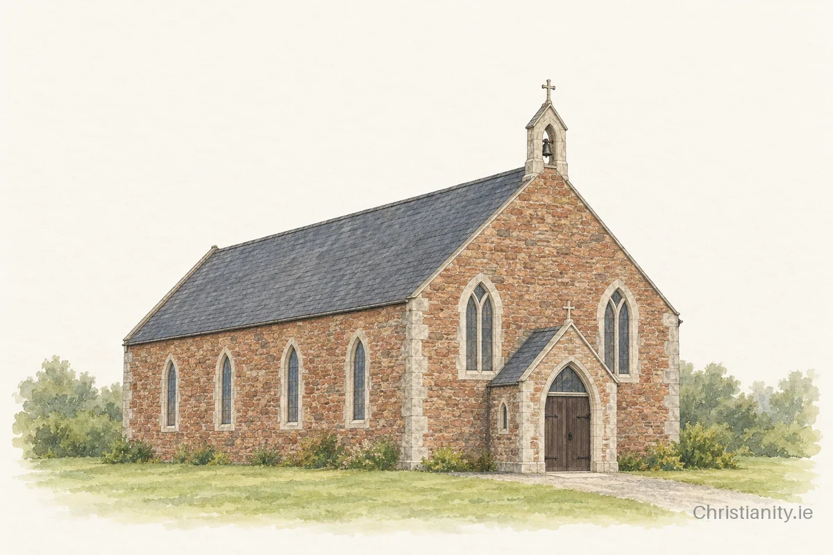Watercolour and ink illustration of Church of St Ibar