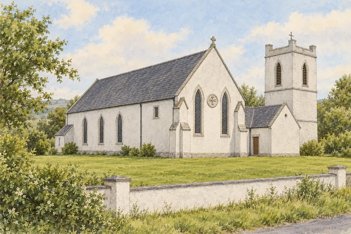 Watercolour and ink illustration of Church of St Jarlath, Blackwatertown