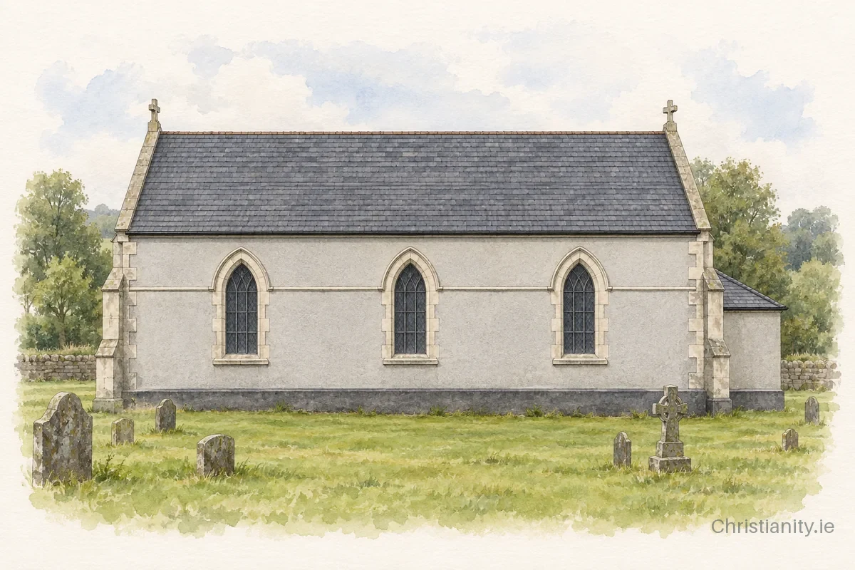 Watercolour and ink illustration of Church of St John, Milltown