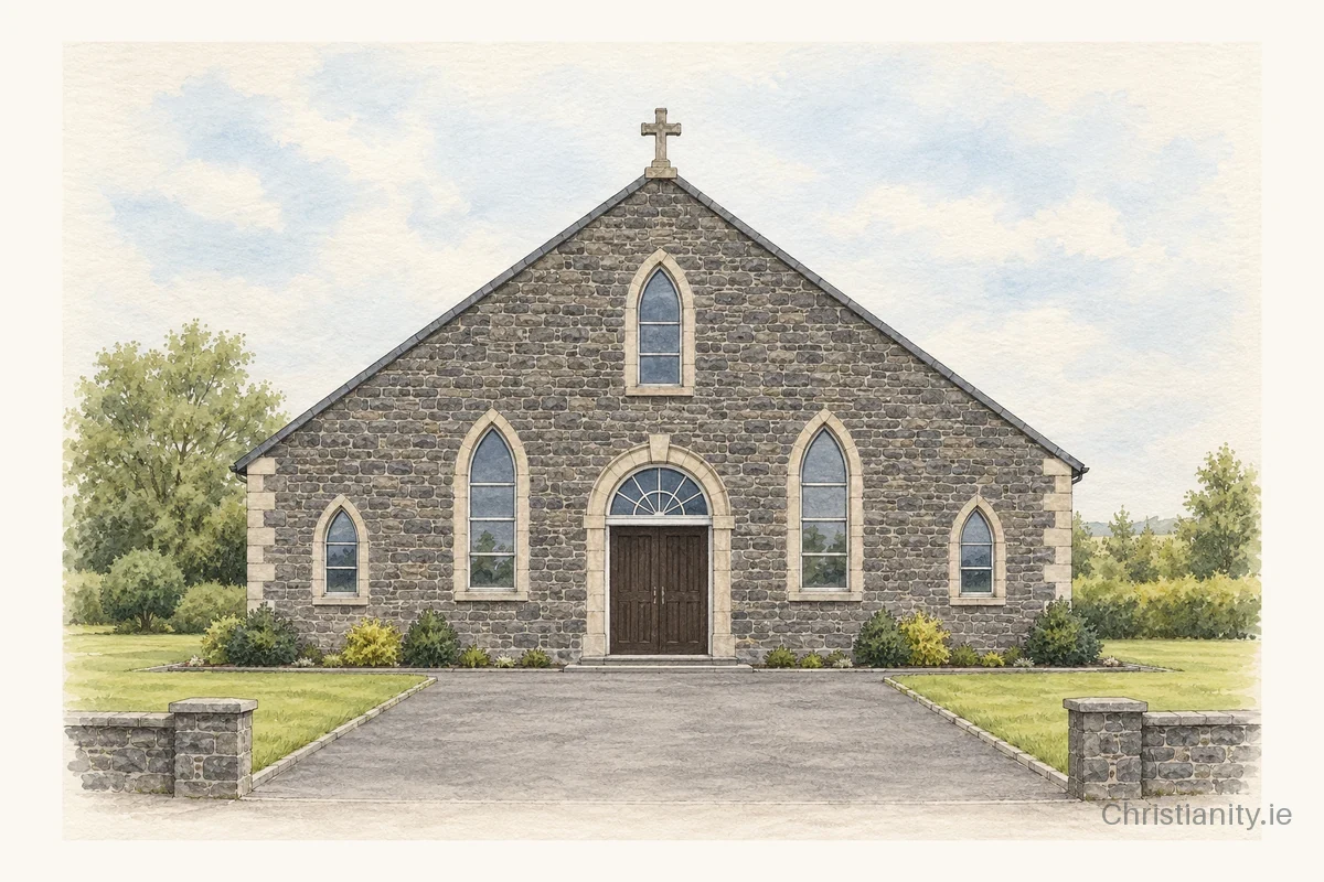 Watercolour and ink illustration of Church Of St. Joseph The Worker, Moyglass