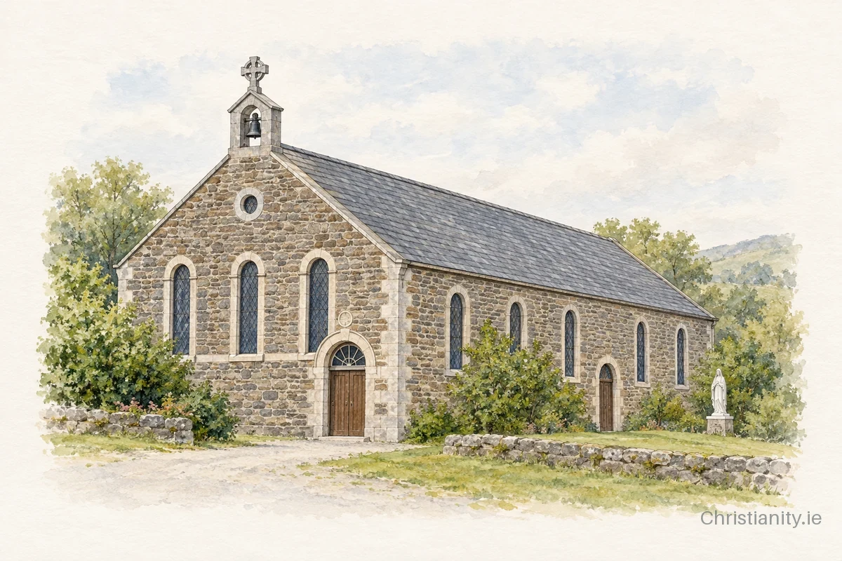 Watercolour and ink illustration of Church of St Kevin