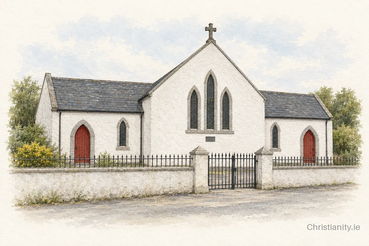 Watercolour and ink illustration of Church of St Kevin, Philipstown