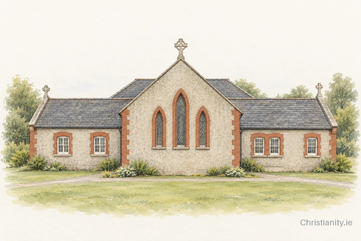 Watercolour and ink illustration of Church of St Kevin