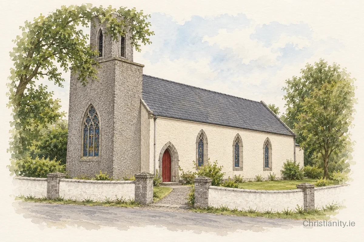 Watercolour and ink illustration of Church of St Kieran