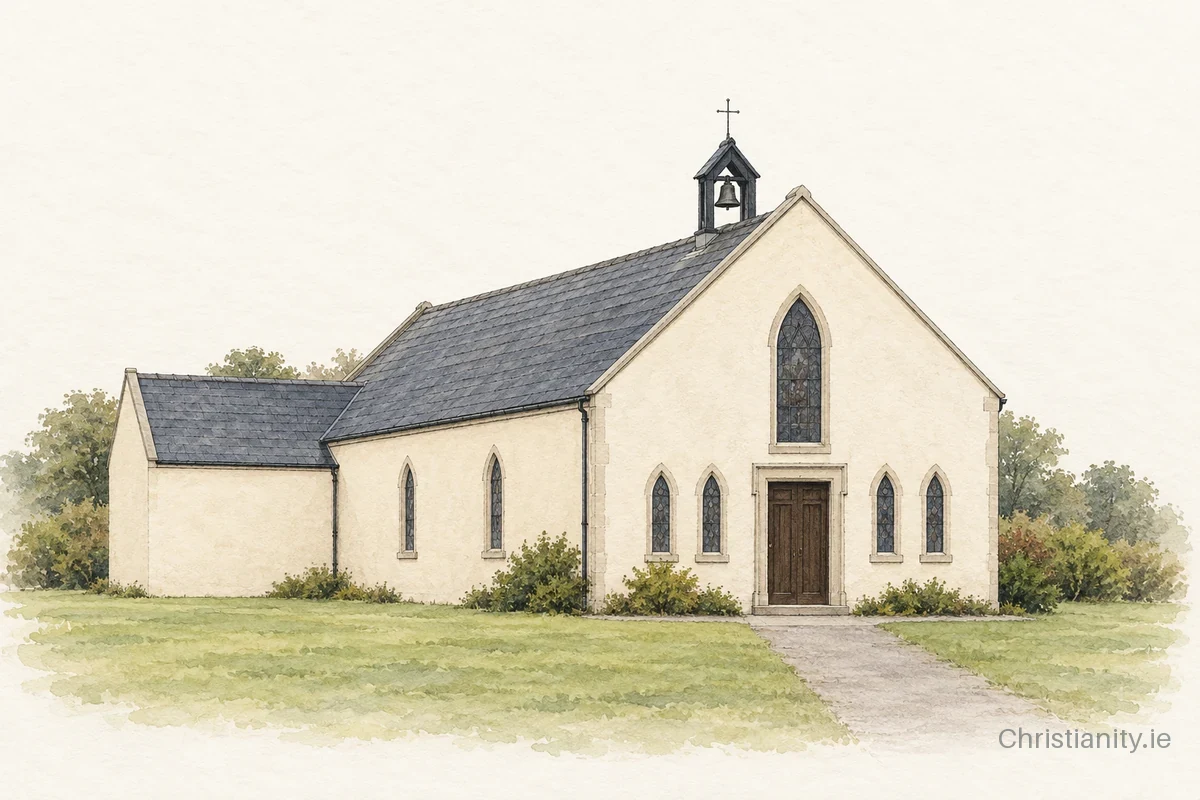 Watercolour and ink illustration of Church of St Mannon & Assumption