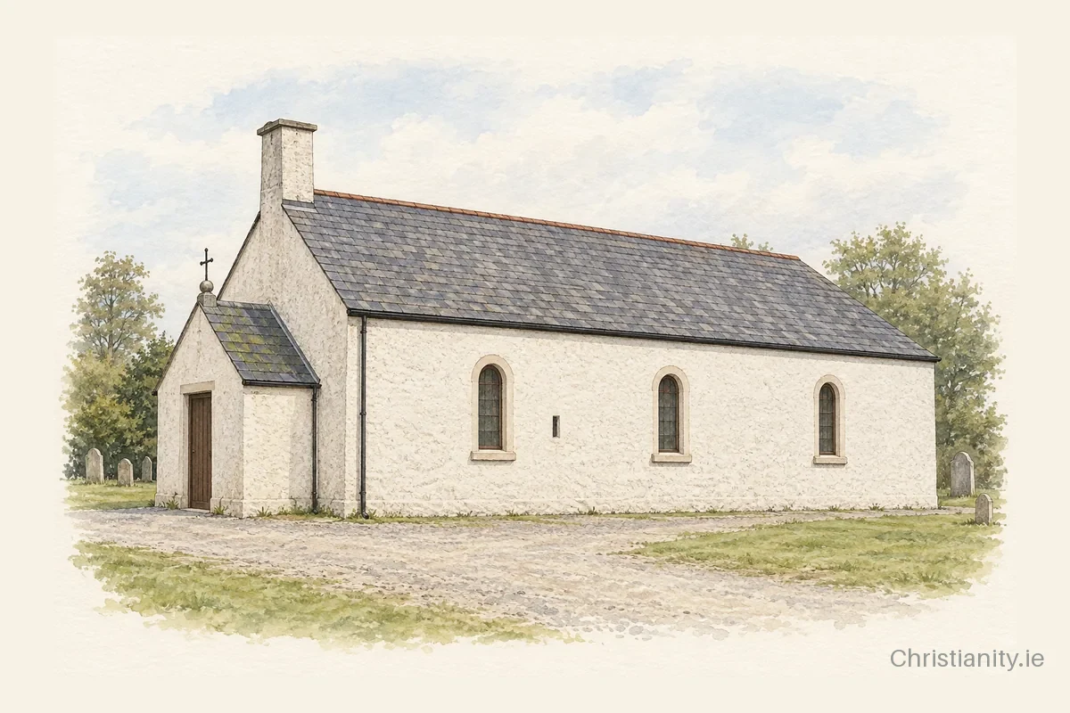 Watercolour and ink illustration of Church of St Medoc, Clonkeen