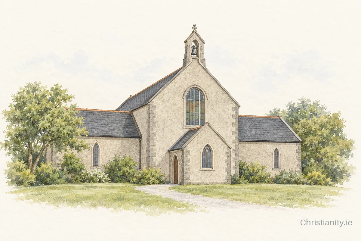 Watercolour and ink illustration of Church of St Moling