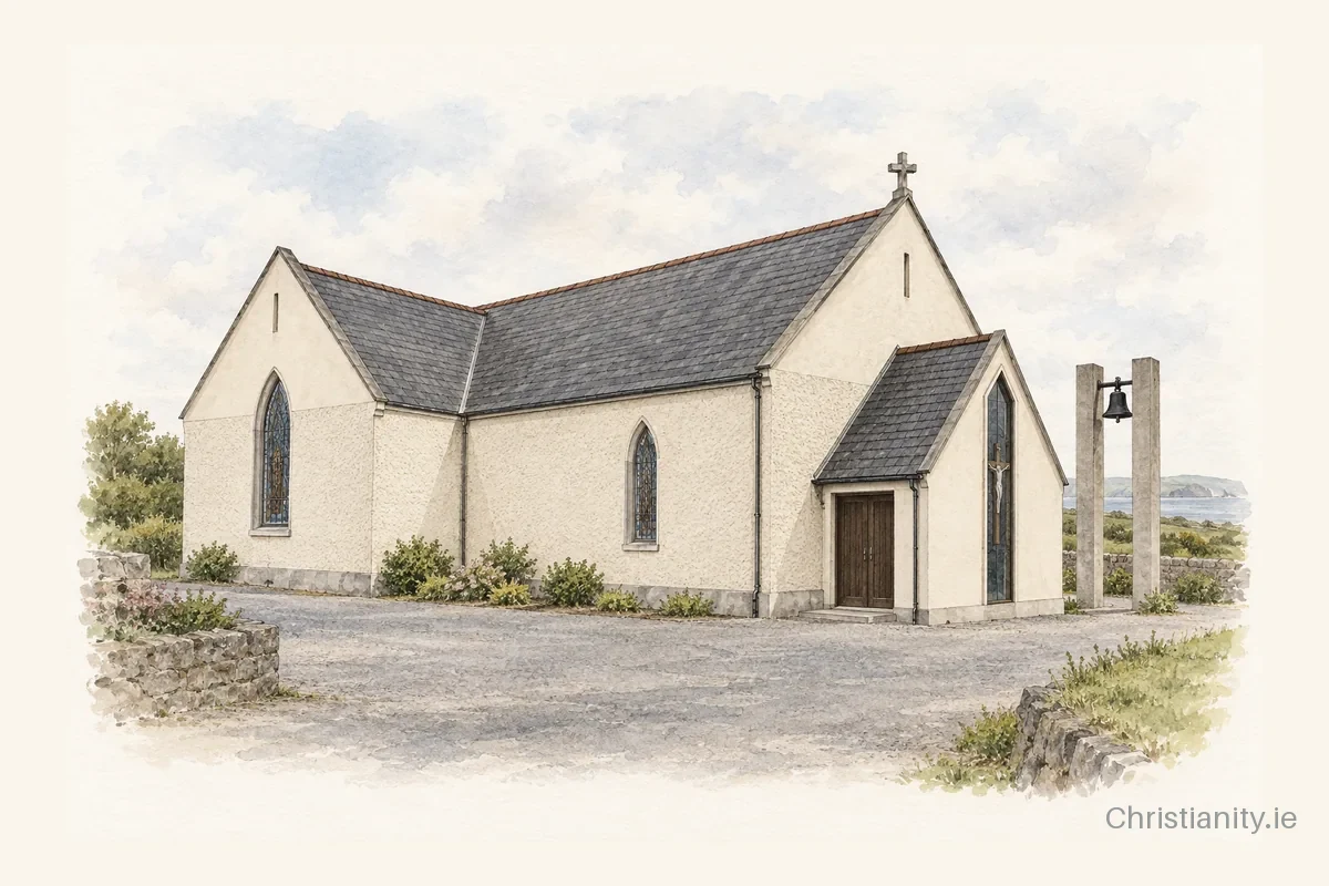 Watercolour and ink illustration of Church of St. Nicholas, Ring /Seipeal San Nioclas , An Rinn