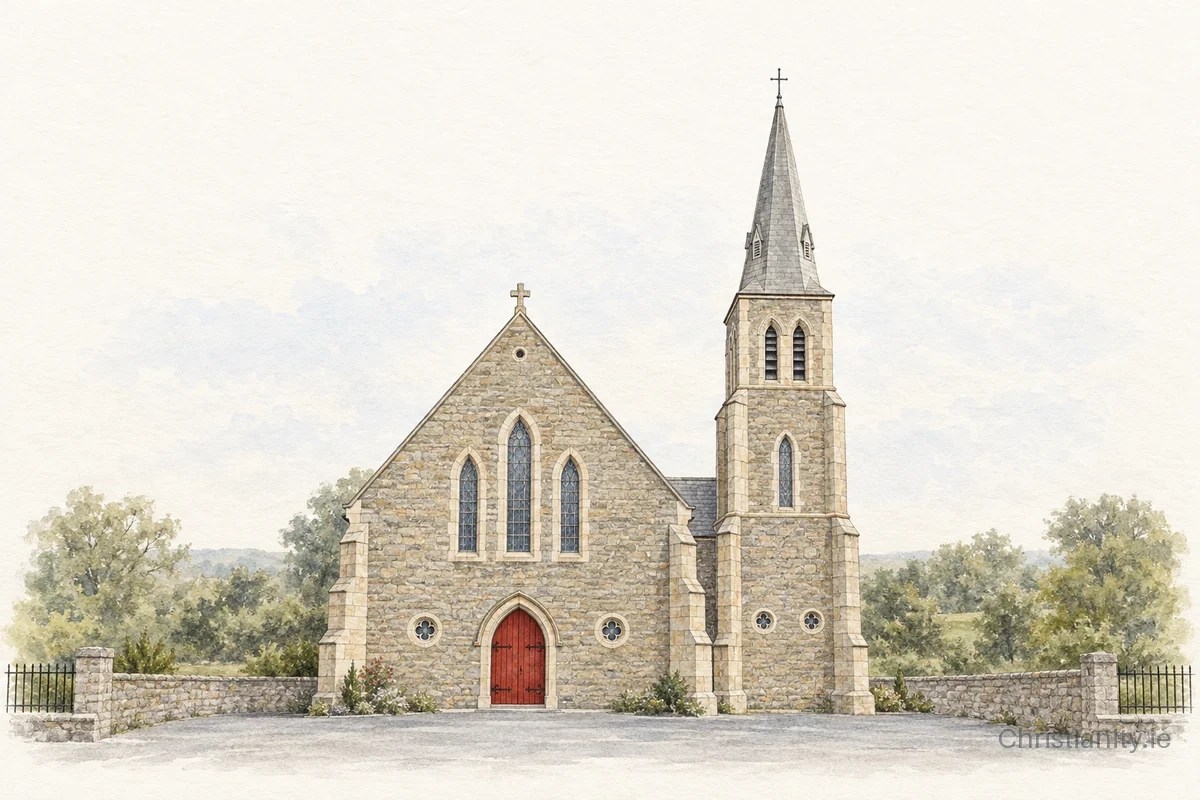 Watercolour and ink illustration of Church of St Nicholas, Stabannon