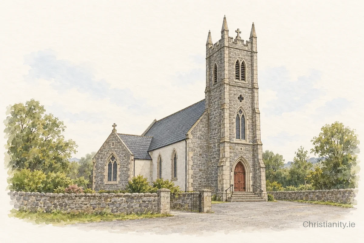 Watercolour and ink illustration of Church of St Patrick and St Colman