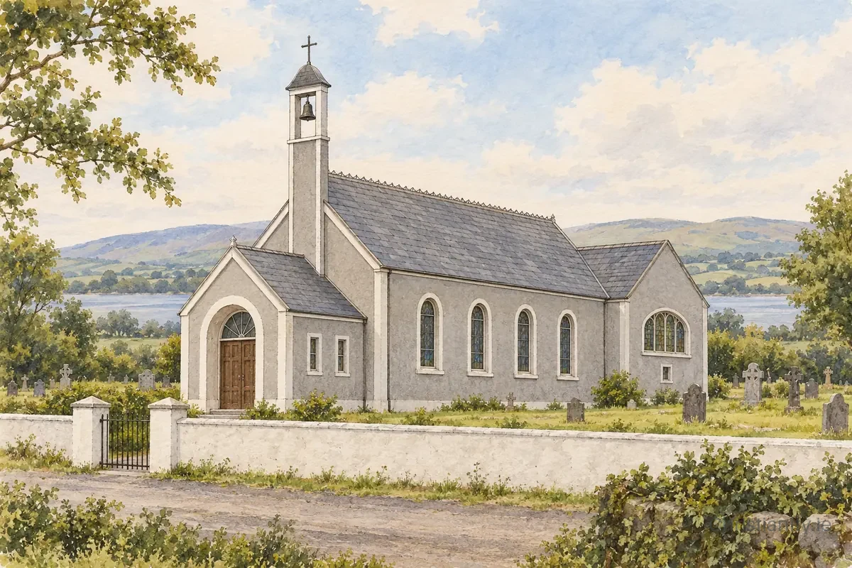 Watercolour and ink illustration of Church of St Patrick, Ballinderry