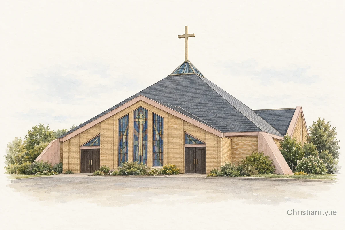 Watercolour and ink illustration of Church of St Patrick, Rosslare Harbour