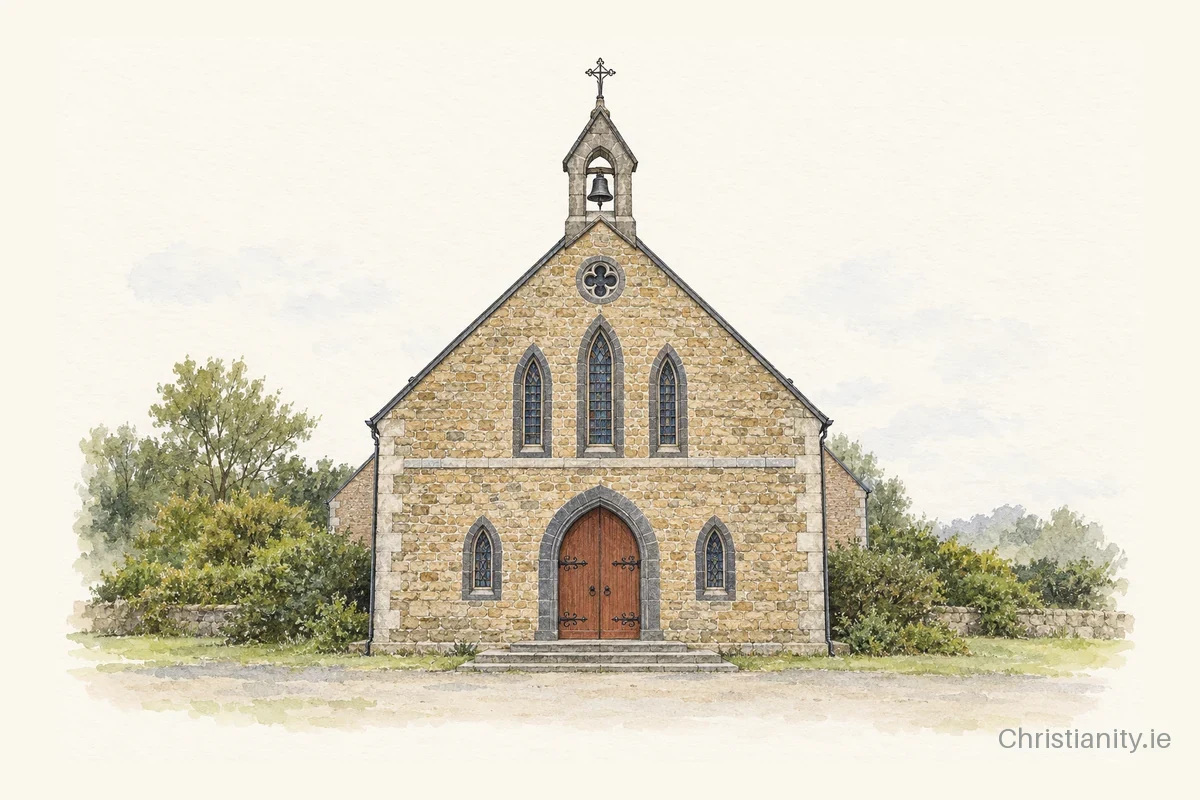 Watercolour and ink illustration of Church of St Patrick, St Brigid and St Killian