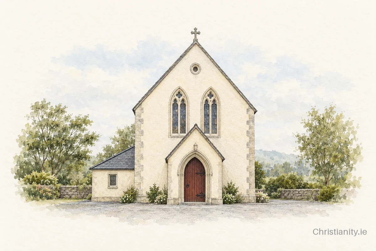 Watercolour and ink illustration of Church of St Patrick, Stonebridge