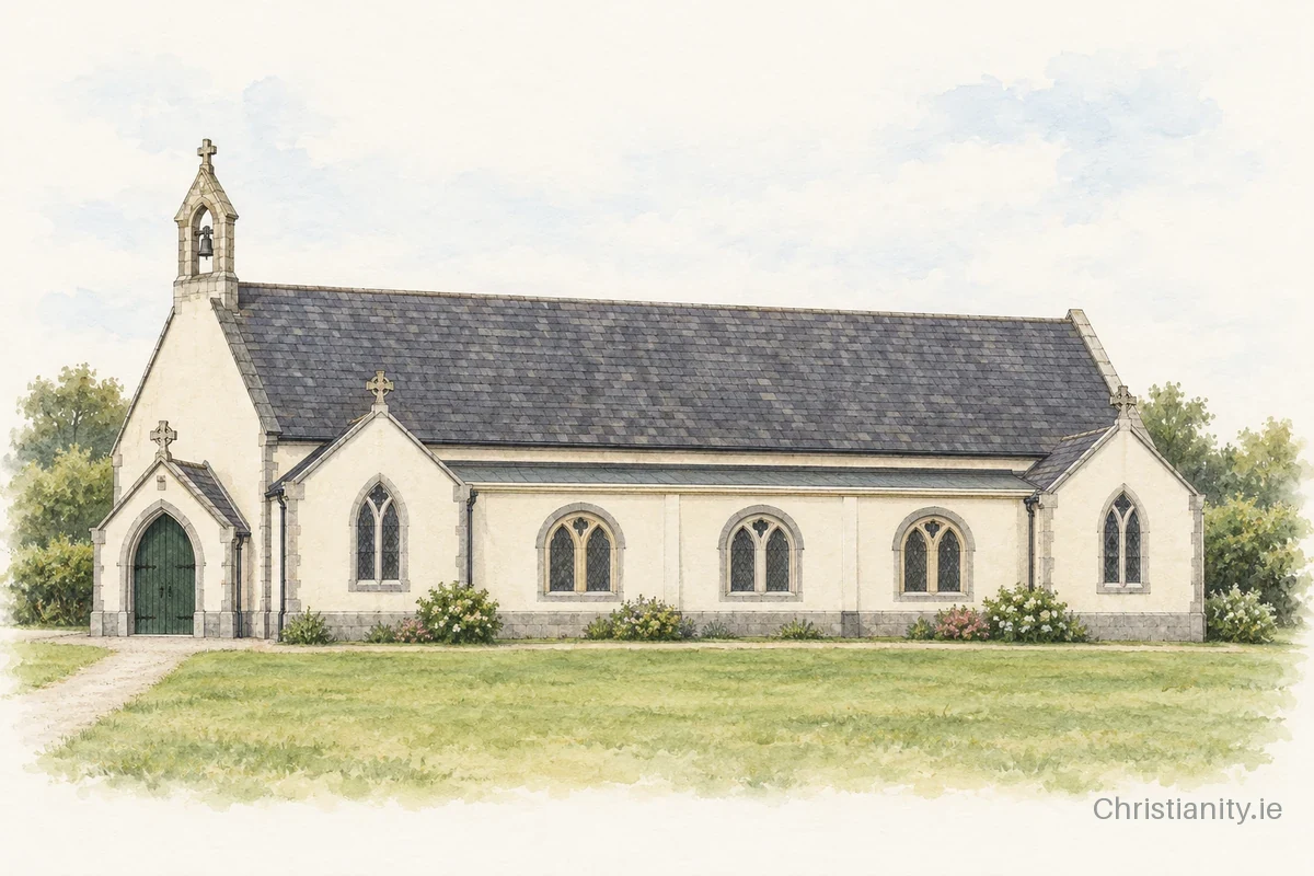 Watercolour and ink illustration of Church of St Ruane, Kilrane
