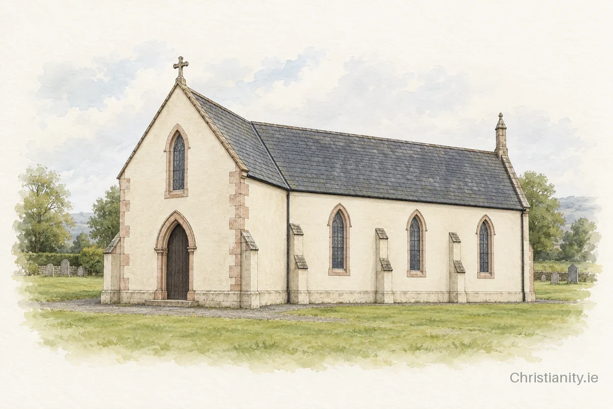 Watercolour and ink illustration of Church of St Teresa, Tullyherrron