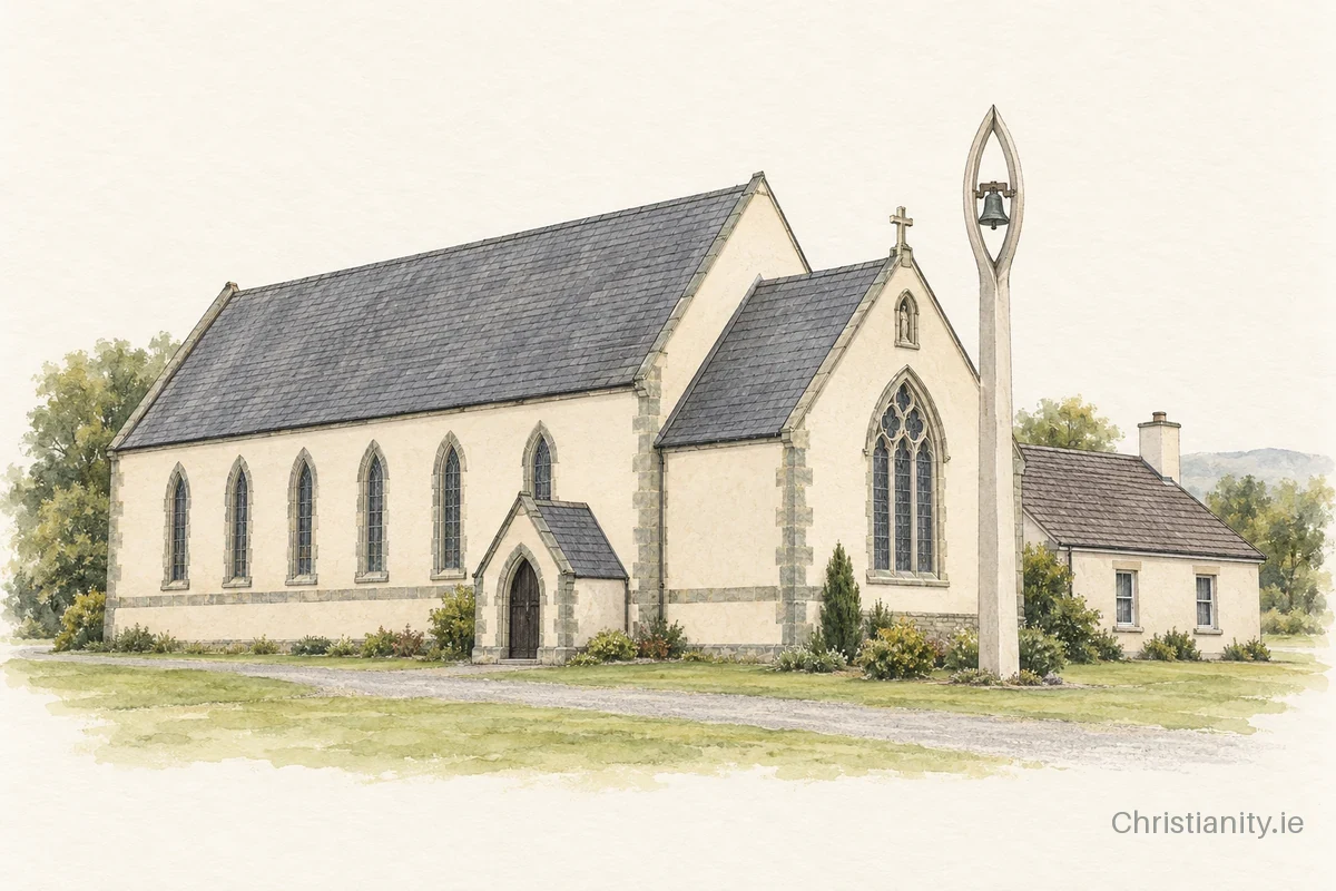 Watercolour and ink illustration of Church of the Annunciation, Mullies
