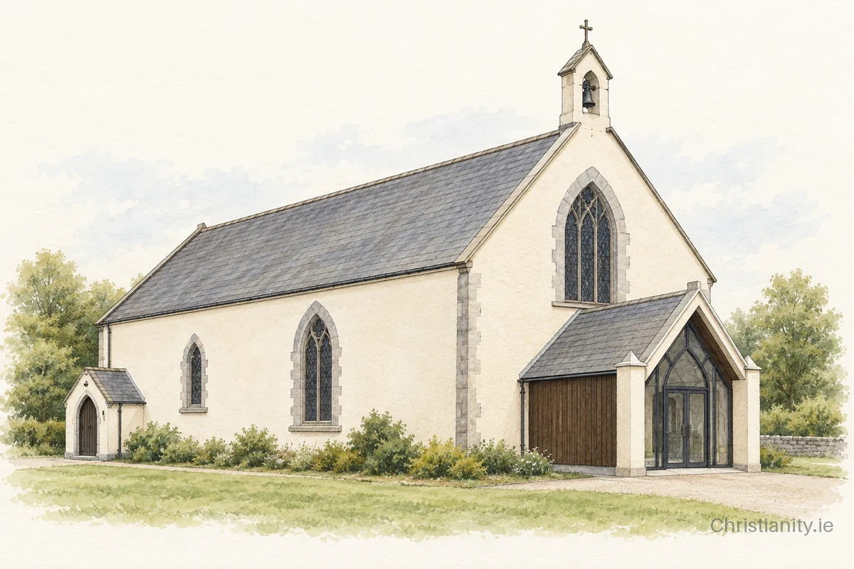 Watercolour and ink illustration of Church of the Assumption, Ahiohill