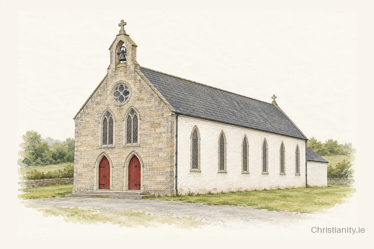 Watercolour and ink illustration of Church of the Assumption, Jordanstown