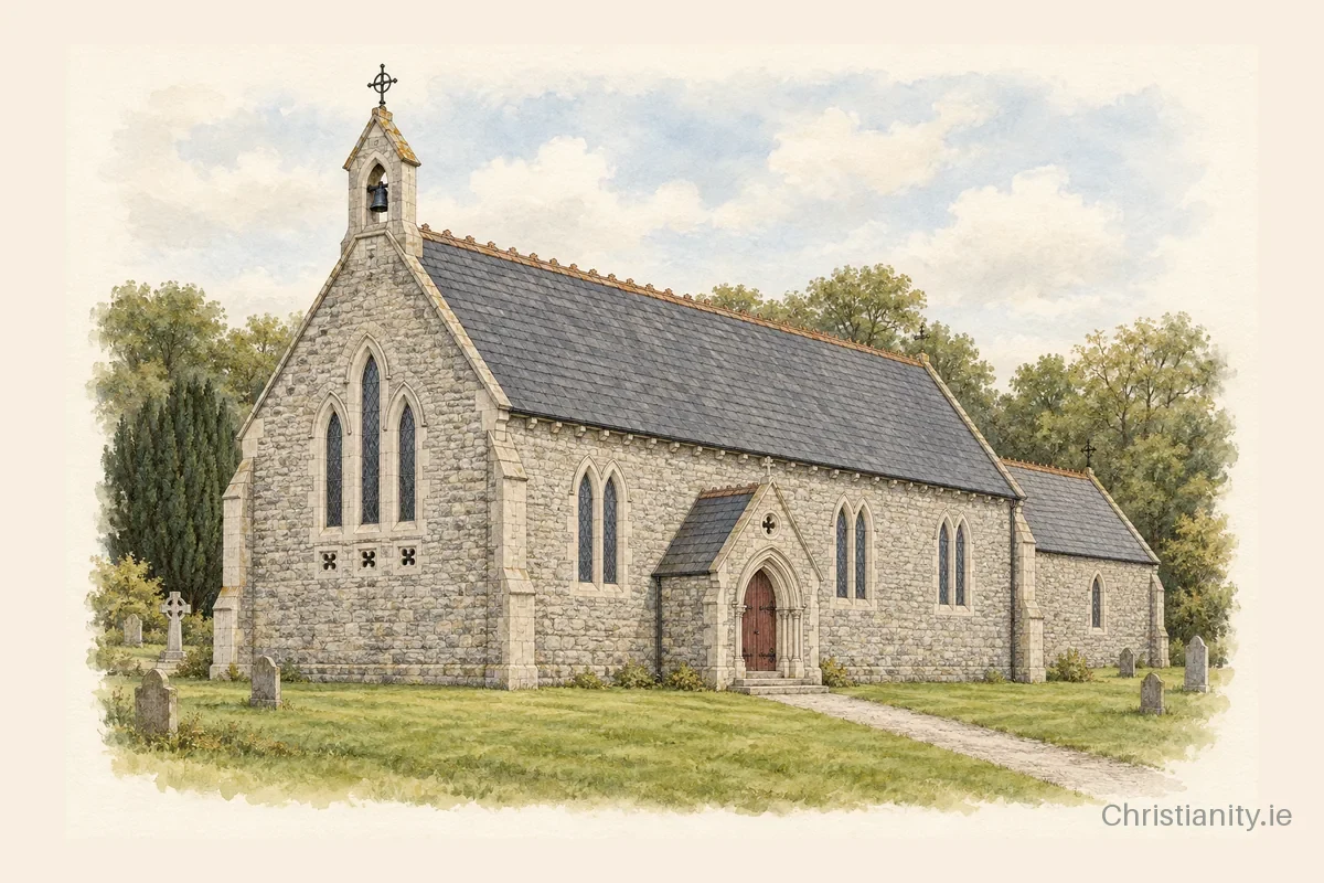 Watercolour and ink illustration of Church of the Assumption, Kitale