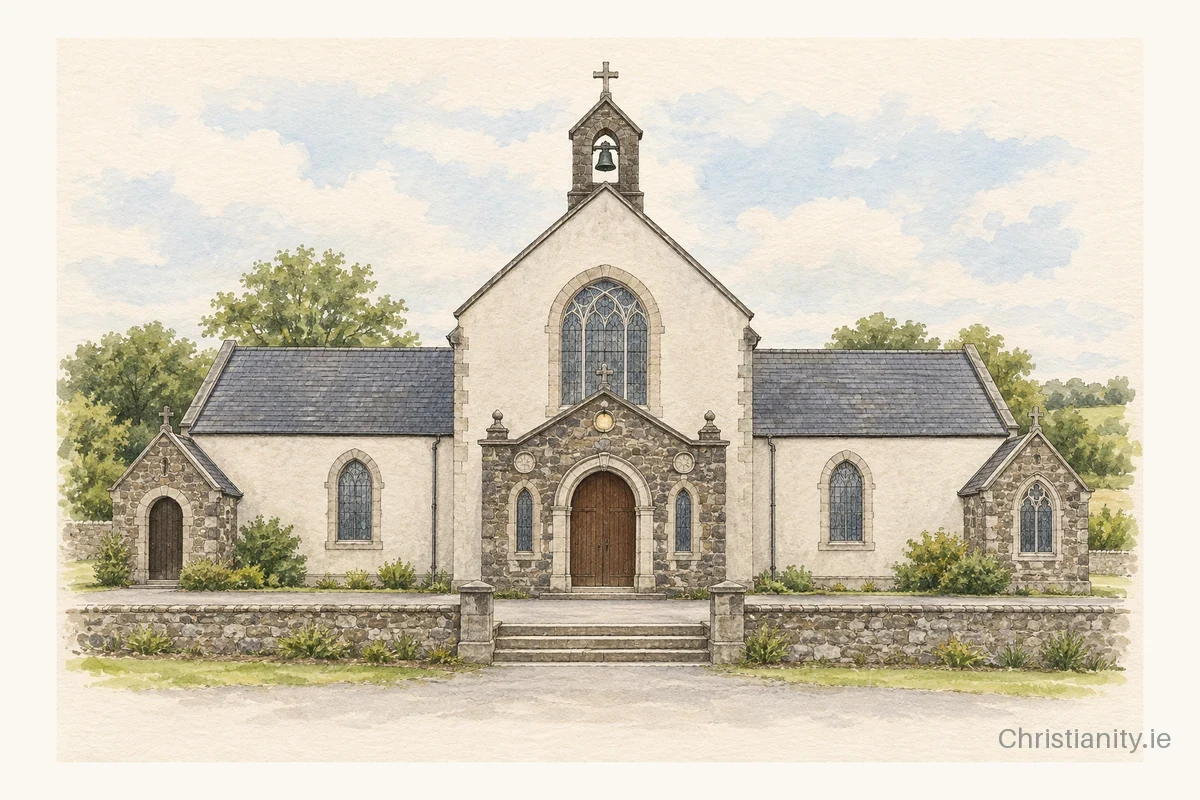Watercolour and ink illustration of Church of the Assumption, Knockavilla
