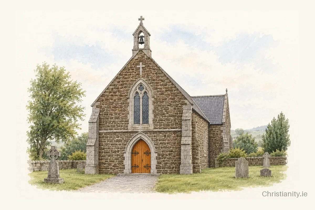 Watercolour and ink illustration of Church of the Assumption, Lattin