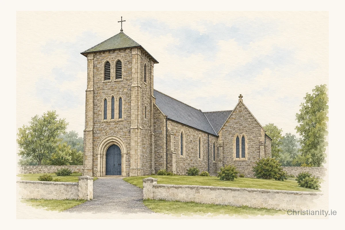 Watercolour and ink illustration of Church of the Assumption, (Loughill)