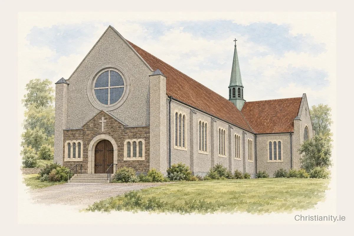 Watercolour and ink illustration of Church of the Assumption, Moyvane