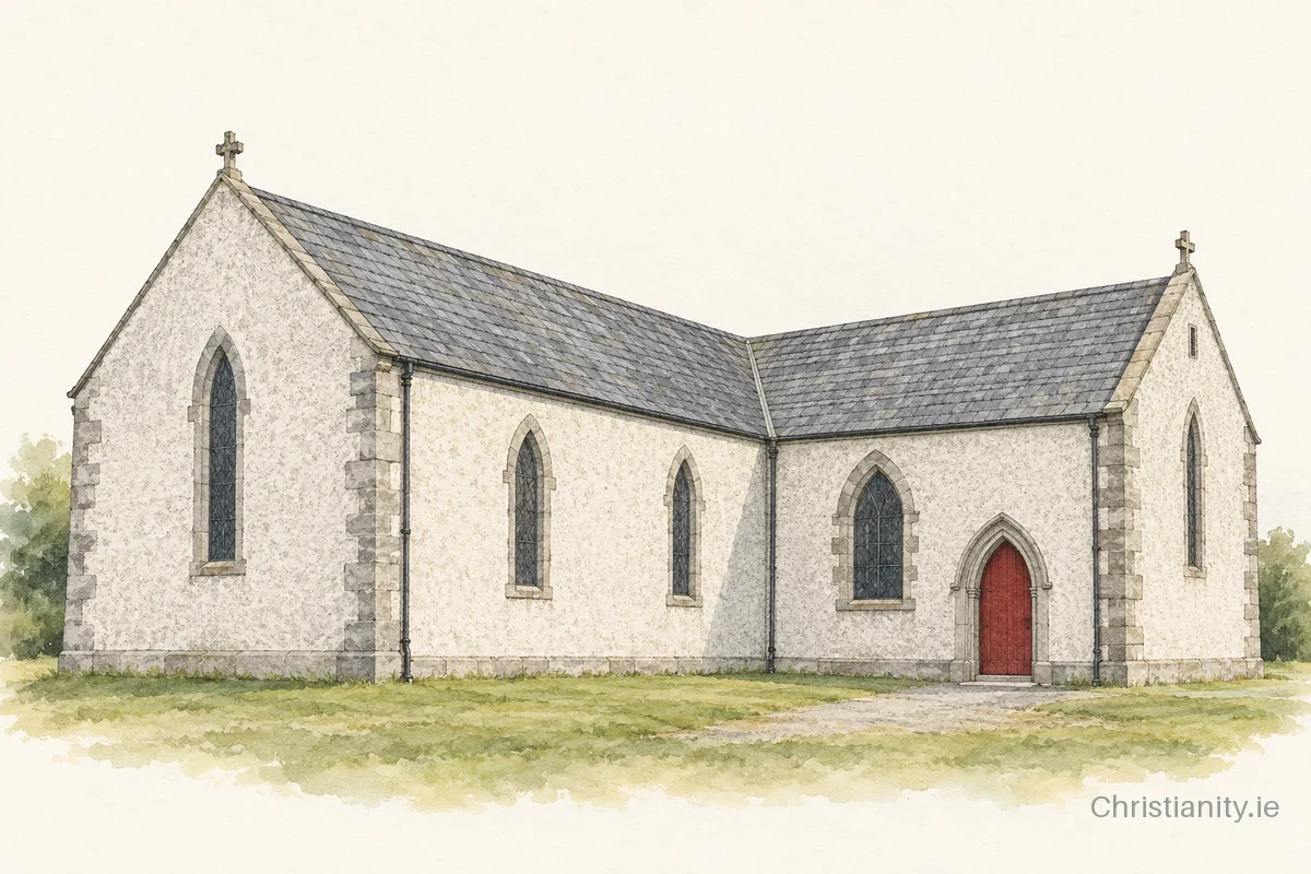Watercolour and ink illustration of Church Of The Assumption, Tynock