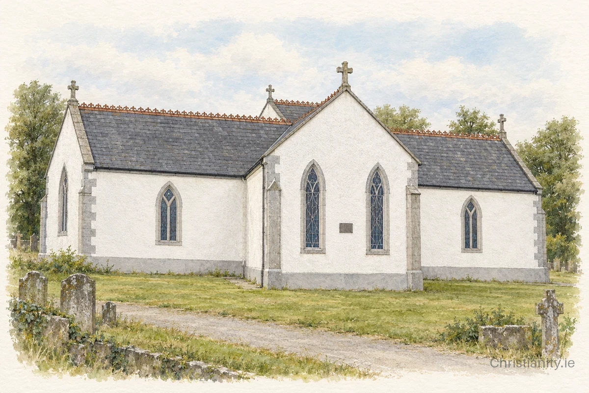 Watercolour and ink illustration of Church of the Assumption, Walshestown