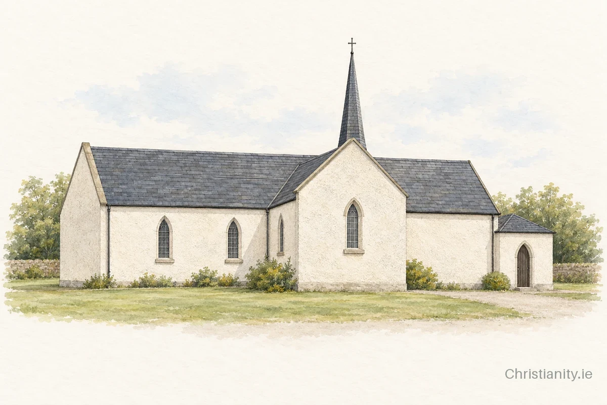 Watercolour and ink illustration of Church of the Assumption, Walterstown