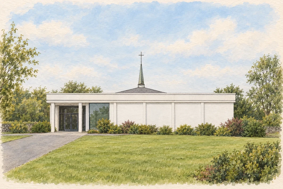 Watercolour and ink illustration of Church of the Blessed Sacrament, Ardboe
