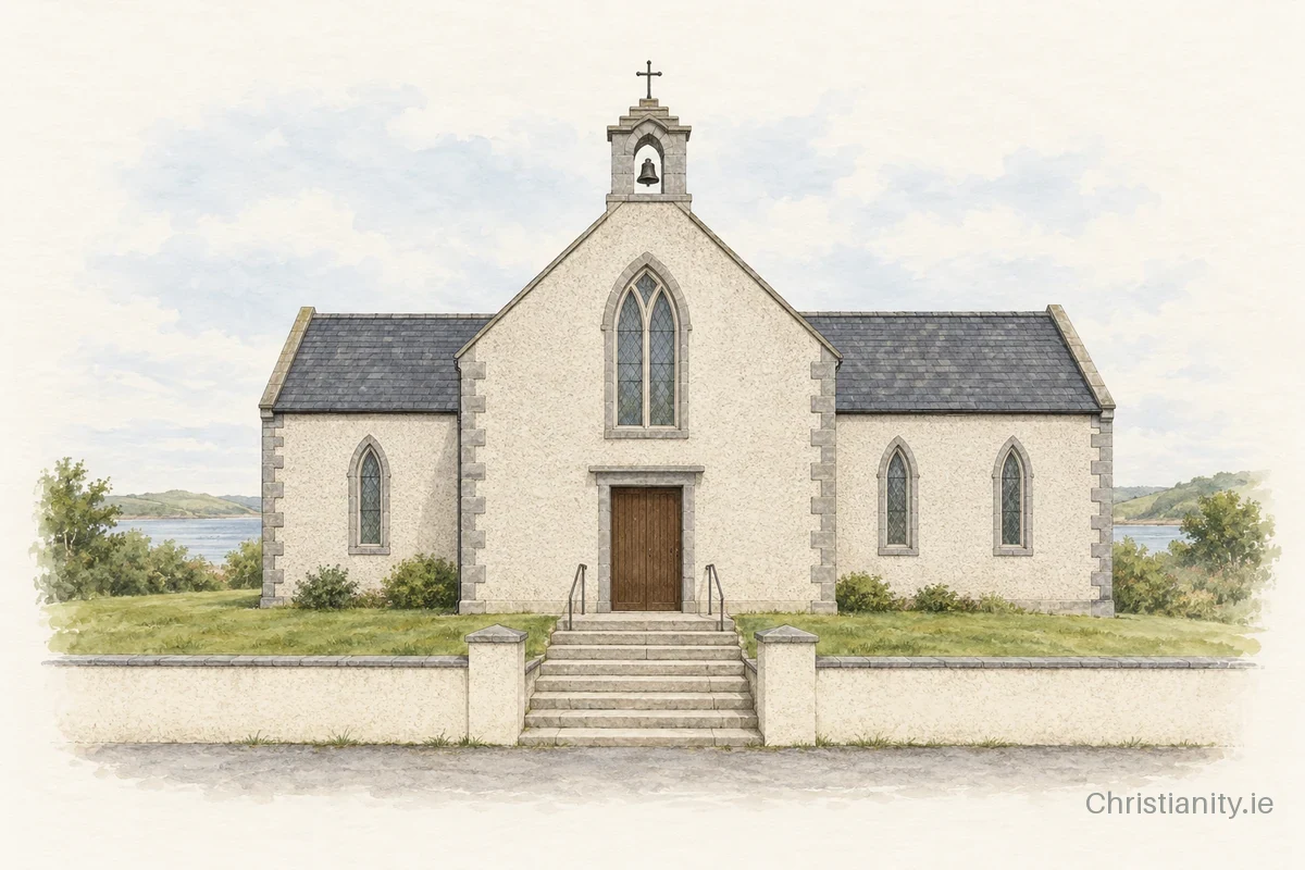 Watercolour and ink illustration of Church of the Blessed Virgin Mary, Carrigaholt