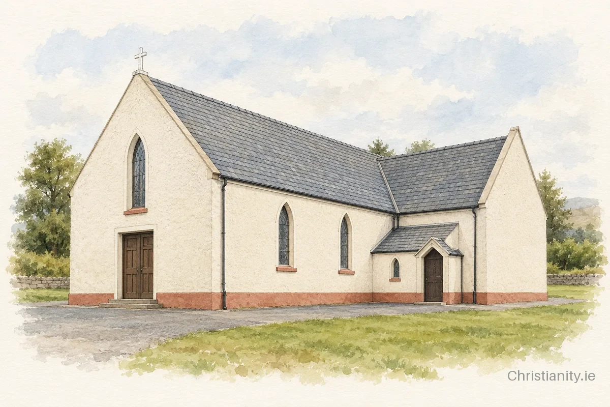 Watercolour and ink illustration of Church of the Holy Family, Ballycroy