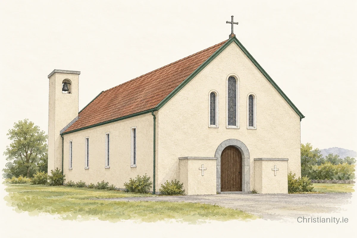 Watercolour and ink illustration of Church of the Holy Family, Curraghagalla