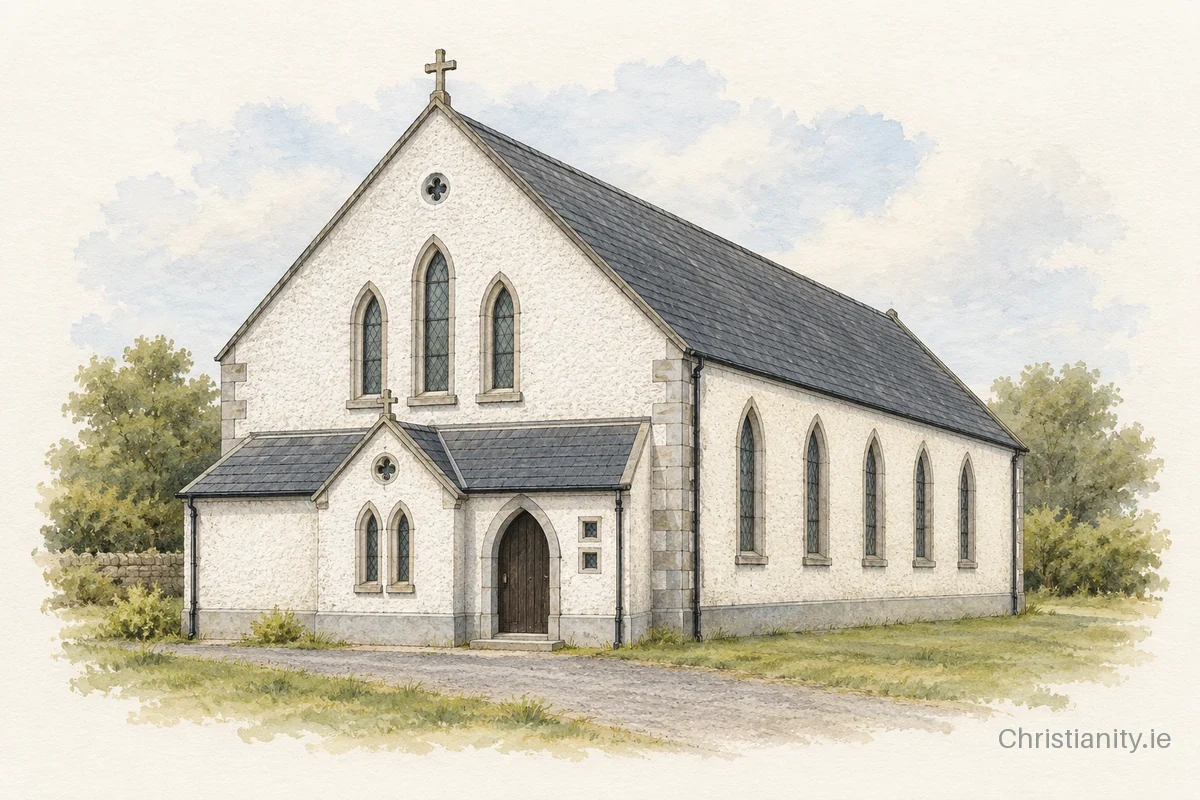 Watercolour and ink illustration of Church of the Holy Family, Edeninfagh