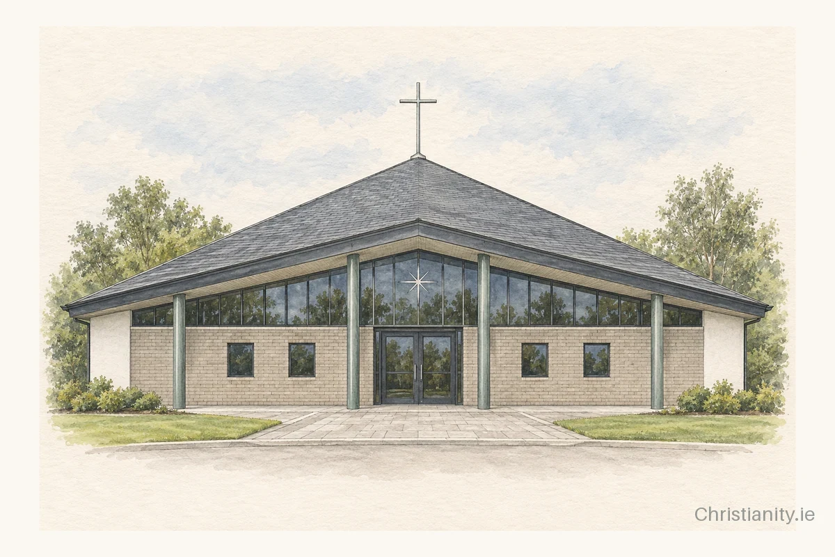 Watercolour and ink illustration of Church of the Holy Family, Muirhevnamore