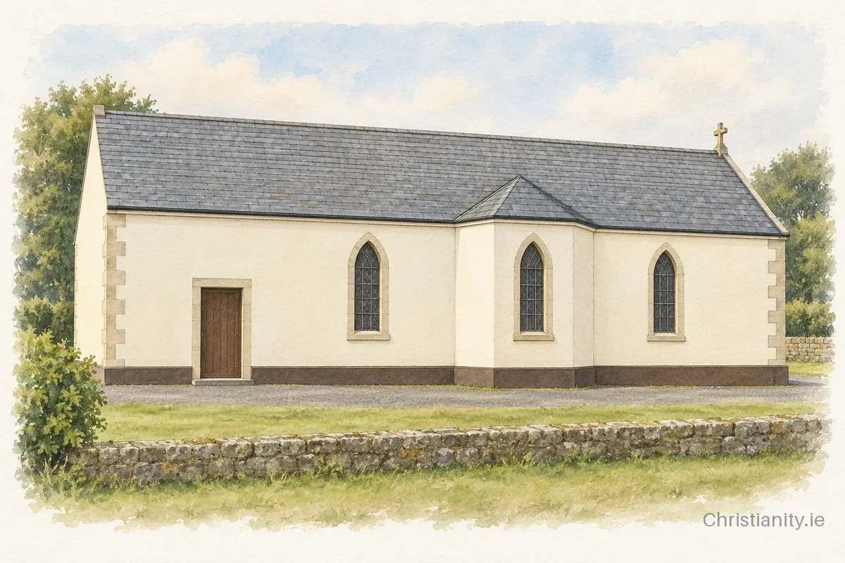 Watercolour and ink illustration of Church of the Holy Rosary Cooneal