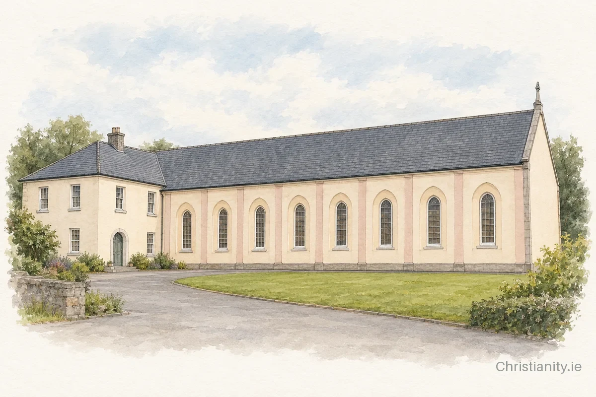 Watercolour and ink illustration of Church of the Immaculate Conception, Brooklodge
