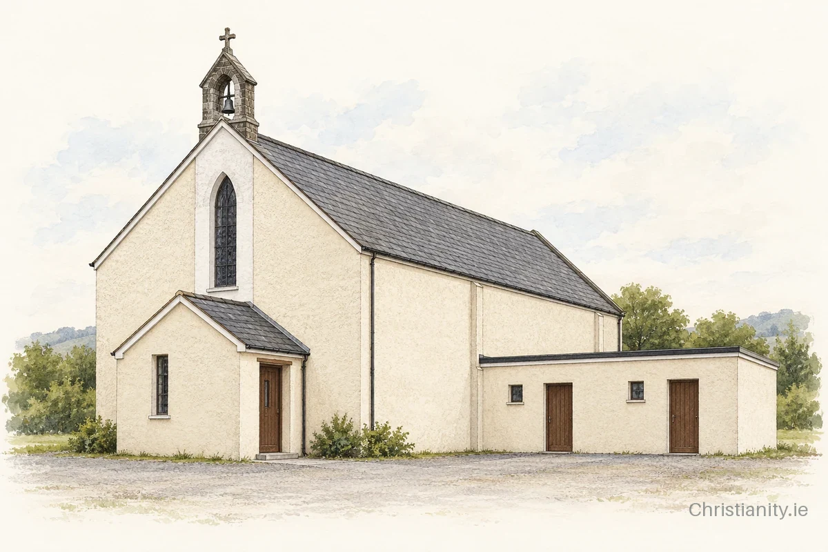 Watercolour and ink illustration of Church of the Immaculate Conception, Carraig na bhFear
