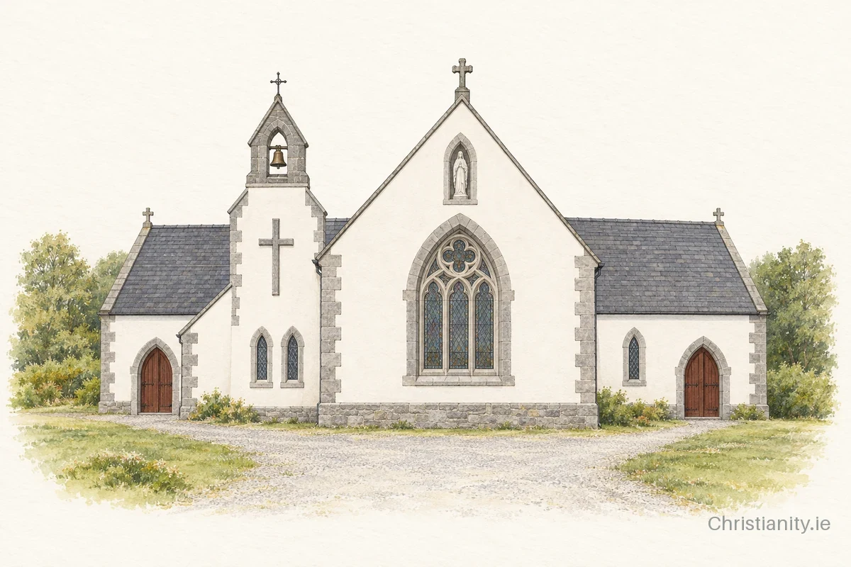 Watercolour and ink illustration of Church of the Immaculate Conception, Curry