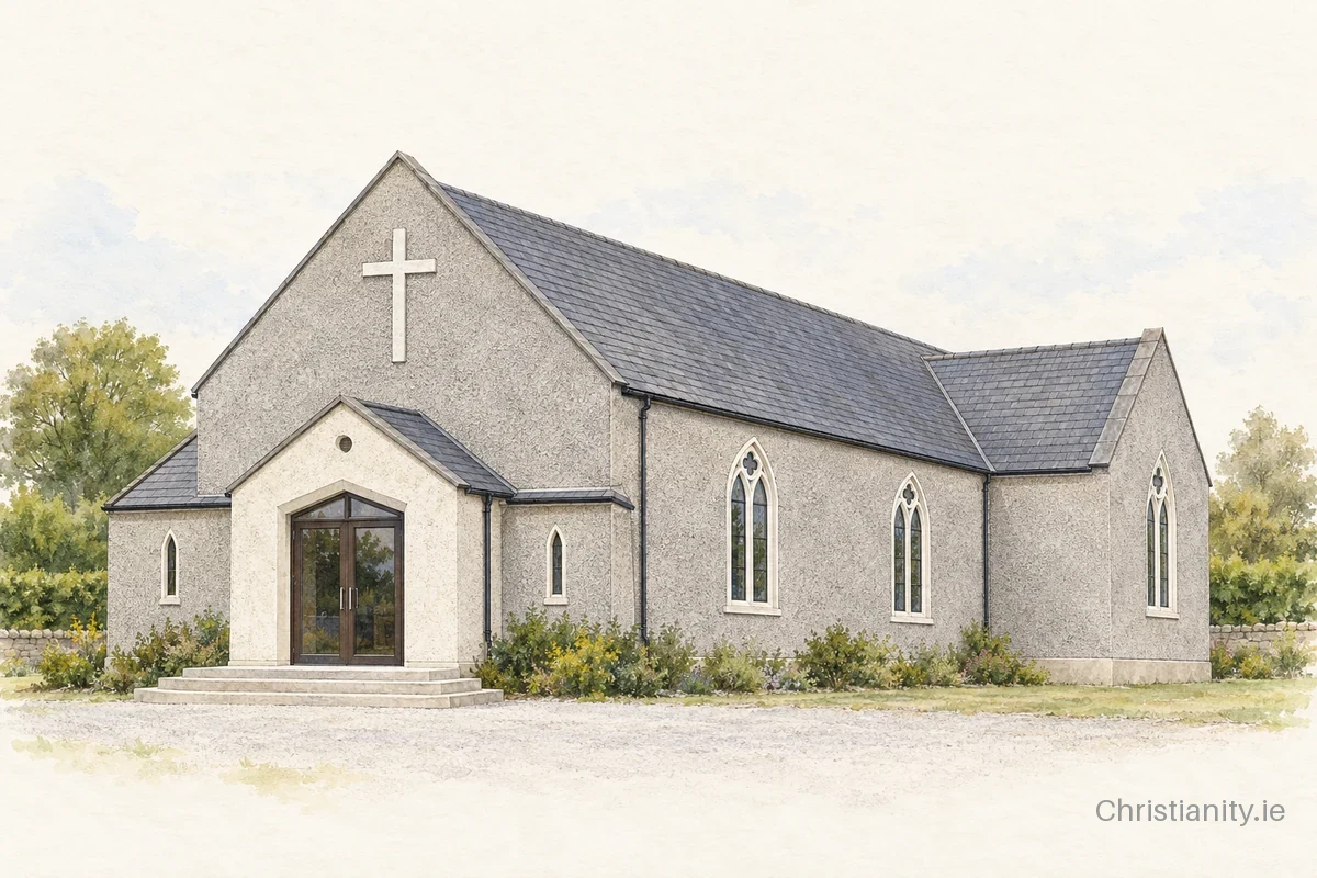 Watercolour and ink illustration of Church of the Immaculate Conception, Girley
