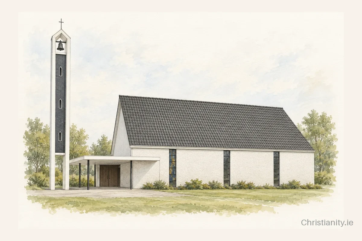 Watercolour and ink illustration of Church of the Immaculate Conception, Listry