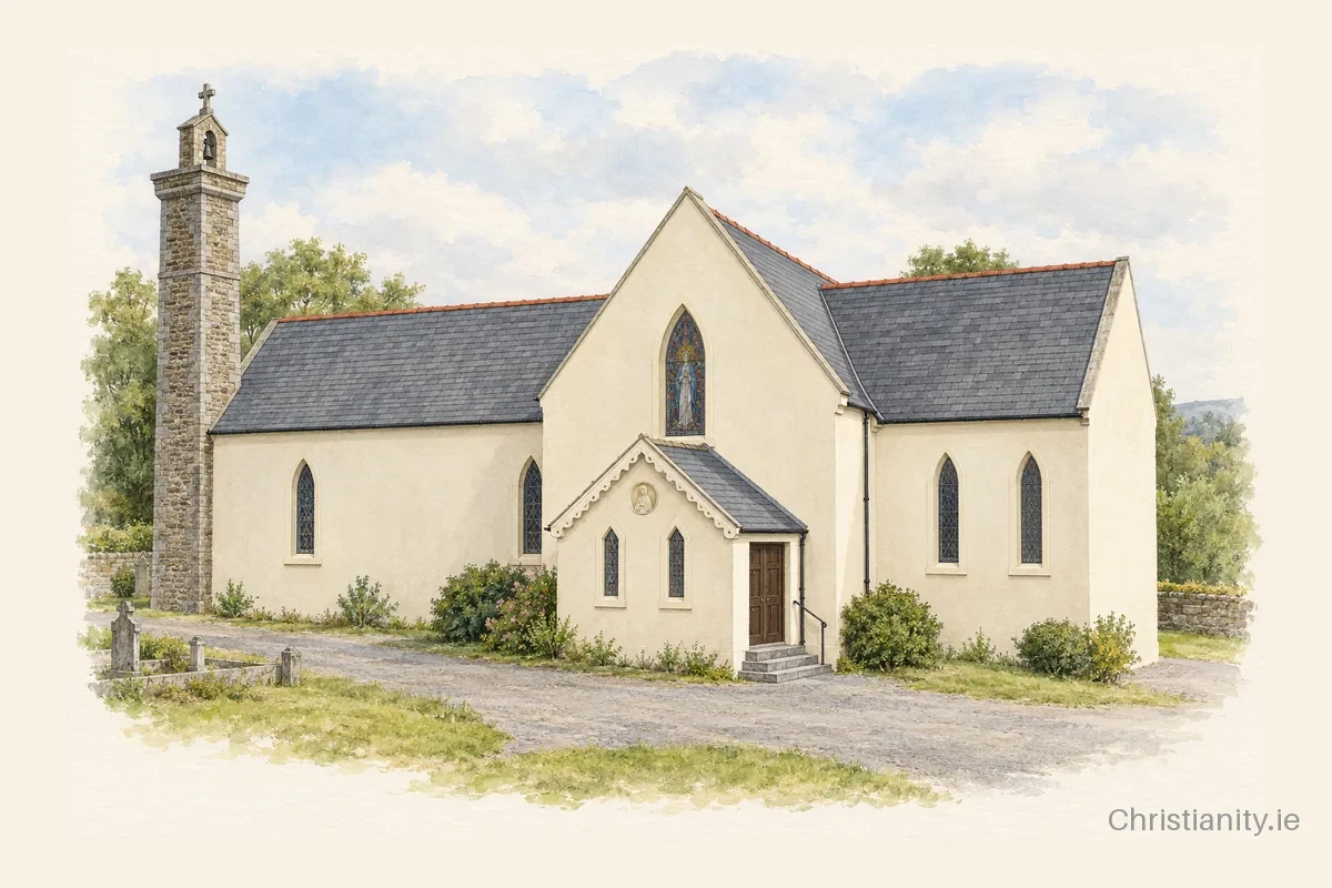 Watercolour and ink illustration of Church of the Nativity of the Blessed Virgin Mary, Butlerstown