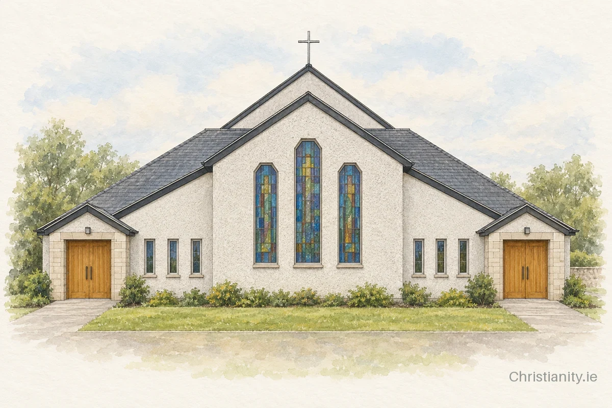 Watercolour and ink illustration of Church of the Risen Christ, Ballybay