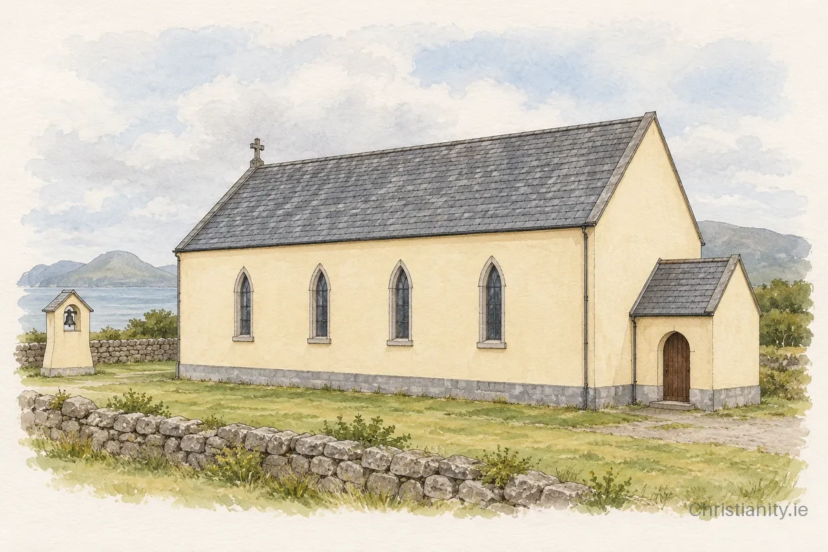 Watercolour and ink illustration of Church of the Sacred Heart, Clare Island