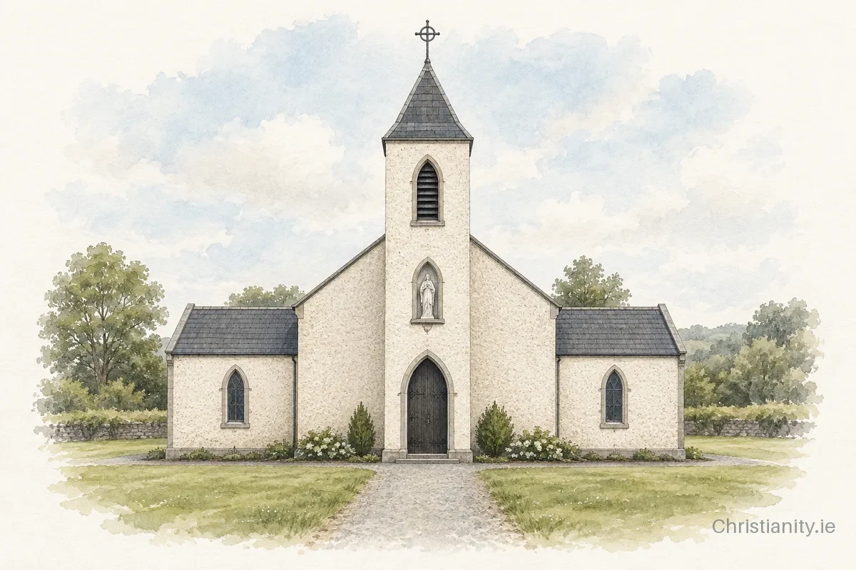 Watercolour and ink illustration of Church of the Sacred Heart, Crossboyne